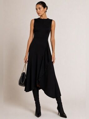 Victoria Beckham Black Asymmetric Midi Dress Sleeveless Structured Womens 8 EUC